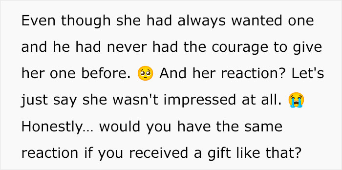 Text about regretful husband's gift and ex-wife's unimpressed reaction