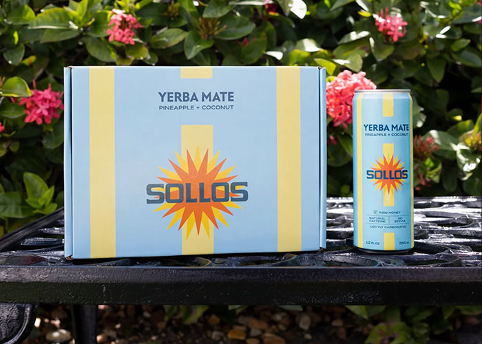 Box and can of Sollos Yerba Mate pineapple coconut flavor drink Box and can of Sollos Yerba Mate pineapple coconut flavor drink