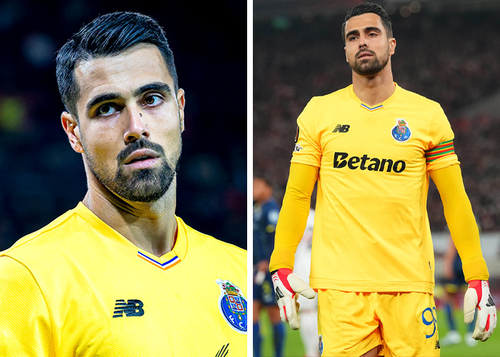 A split image of a World Cup heartthrob, one side in a yellow soccer uniform, the other in a full goalkeeper kit.
