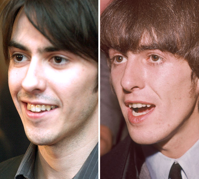 George Harrison and son Dhani Harrison, a famous dad-son duo who are clones of each other.