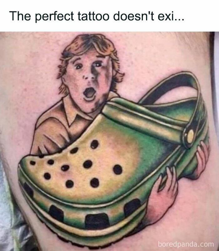 A funny tattoo meme of Steve Irwin with a Croc shoe, illustrating a hilarious tattoo.