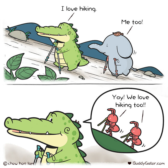 Wholesome comics: an alligator and friends enjoy hiking, featuring tiny ants joining in by this artist.