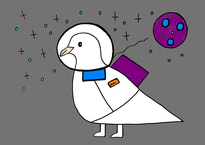 An adorable dove character as an astronaut in a white spacesuit, helmet, and purple jetpack, floating near a planet.