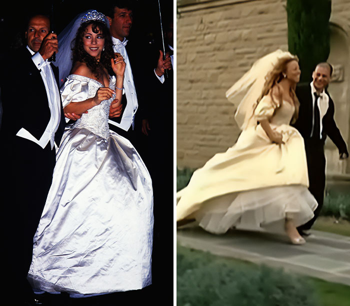 Left: Mariah Carey in a white celebrity wedding dress with a tiara and veil. Right: Mariah Carey running in a yellow wedding dress.