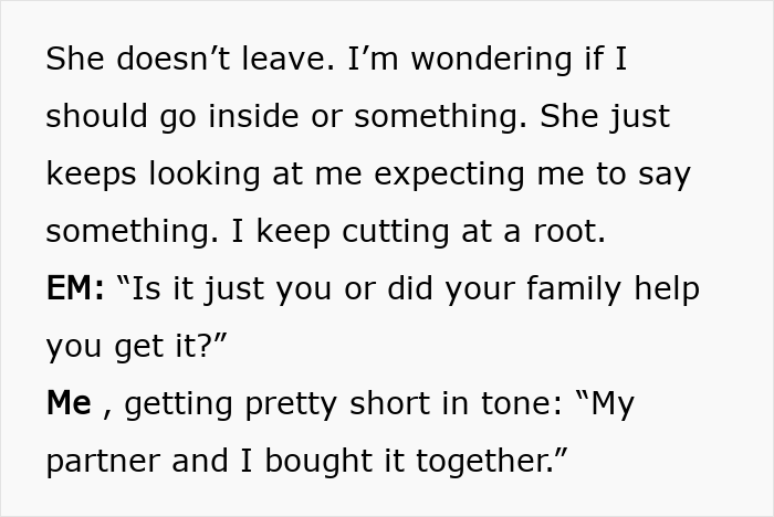 A screenshot showing a conversation where the Karen character asks, 'Is it just you or did your family help you get it?' A screenshot showing a conversation where the Karen character asks, 'Is it just you or did your family help you get it?'