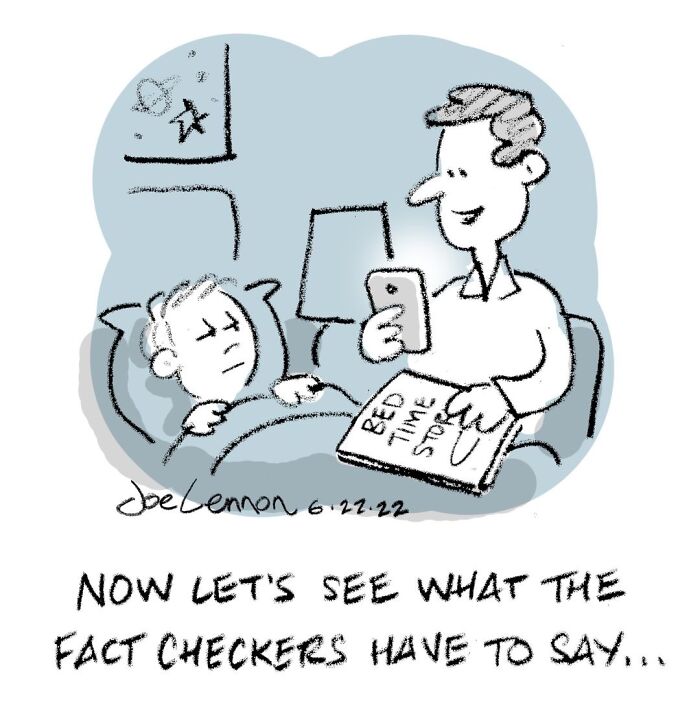 One-panel comic of a father fact-checking a bedtime story on phone with sleeping child