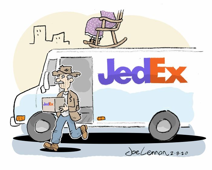 Funny comic showing a delivery man with JedEx truck parody in one-panel comics