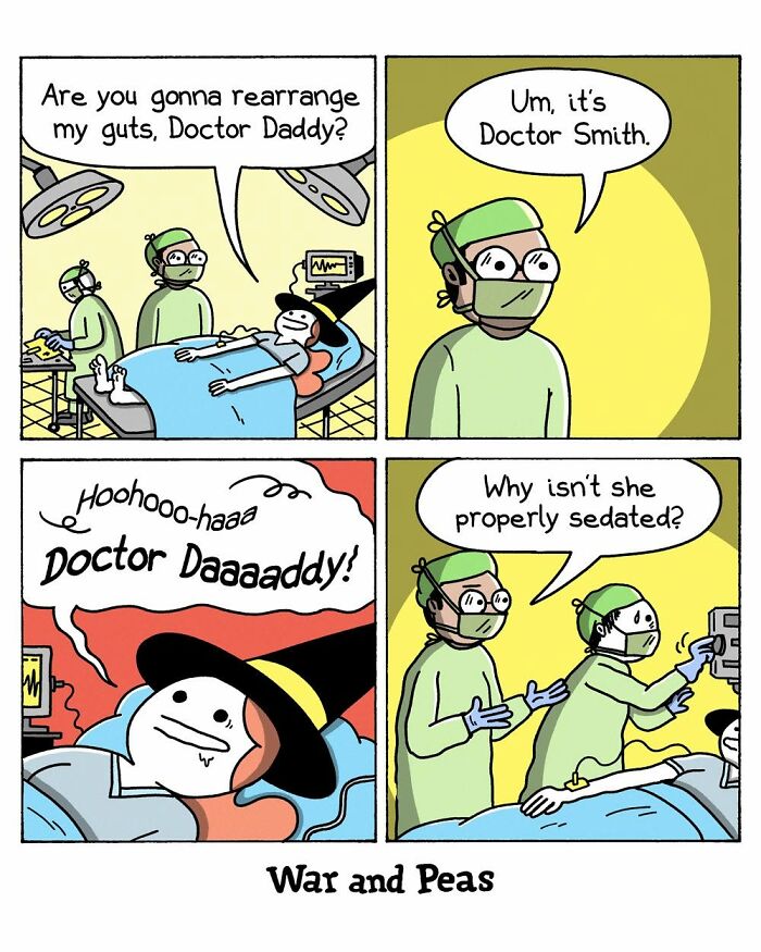War and Peas comic of a witch in surgery confusing doctors by calling him Doctor Daddy