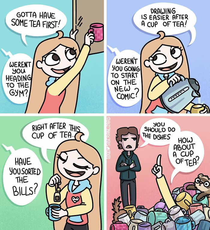 A Siberian girl comic illustrating the funny situations around having a cup of tea for various daily life tasks.