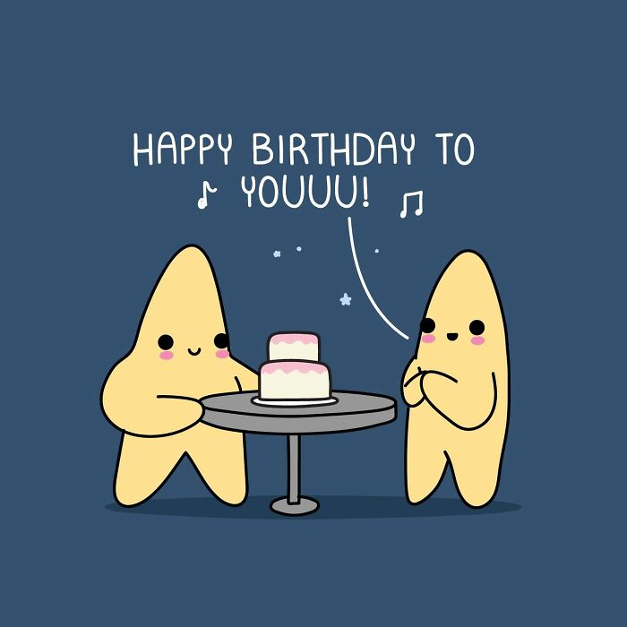A Wawawiwa comic featuring two star characters celebrating a birthday with a small cake, one singing Happy Birthday.
