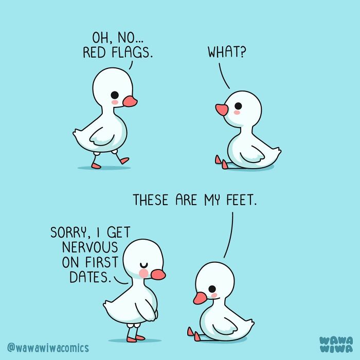 A Wawawiwa comic showing two duck characters on a first date, one mistaking the other's red feet for red flags.
