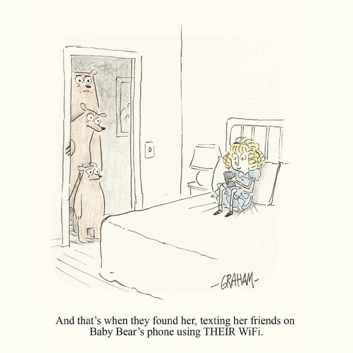 Subtle humor comic showing a girl texting on Baby Bear's phone using their WiFi