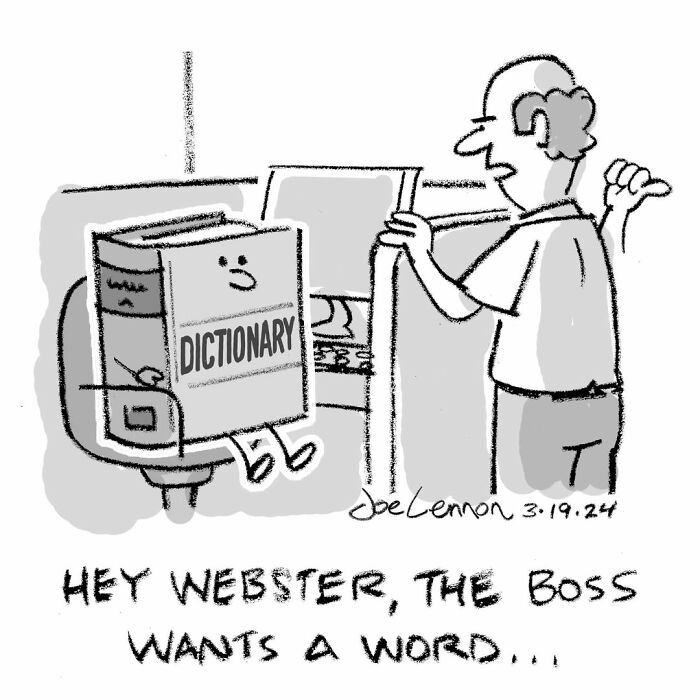 One-panel comic featuring a talking dictionary at work with a boss asking for a word