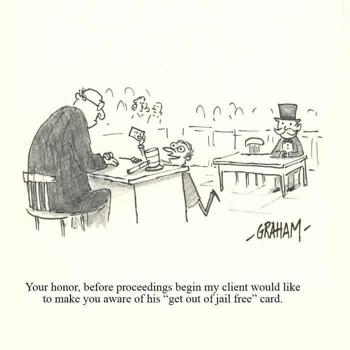Comic of a lawyer presenting a get out of jail free card in court