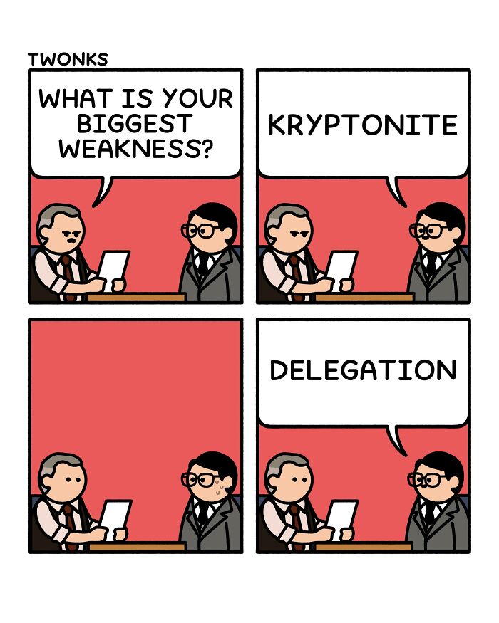 A funny comic strip with an interviewer asking about weaknesses, getting funny and absurd answers.