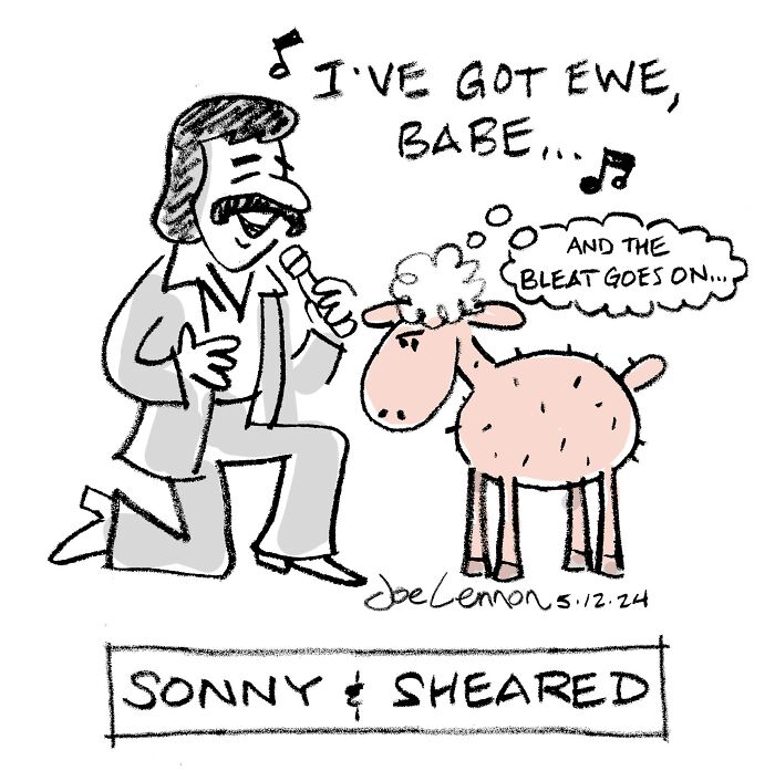 One-panel comic of a singer singing to a sheep with a pun on Sonny and Sheared