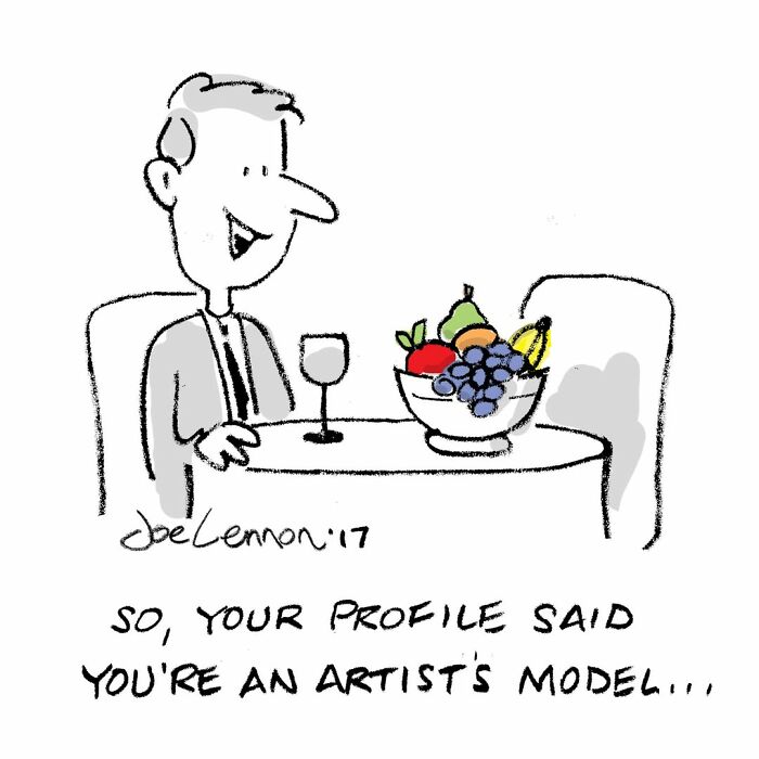 Comic of a man on a date asking about an artist’s model profile