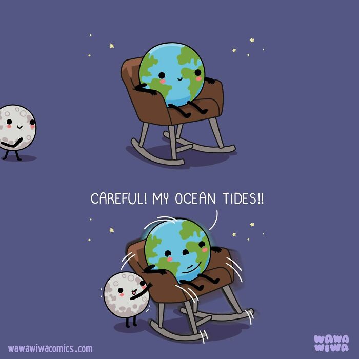 Wawawiwa comic showing a cute moon character gently rocking the Earth, causing ocean tides.