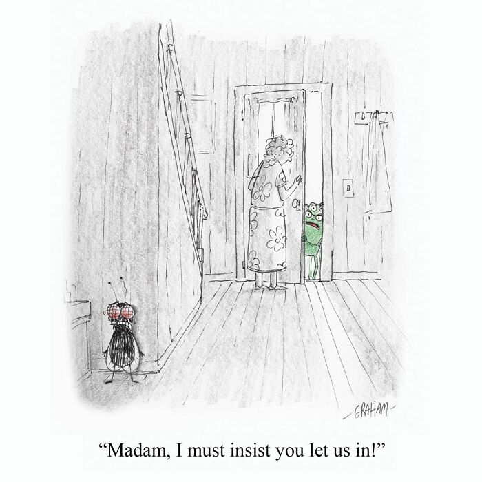 Subtle humor comic of a woman letting a green creature inside while a fly watches