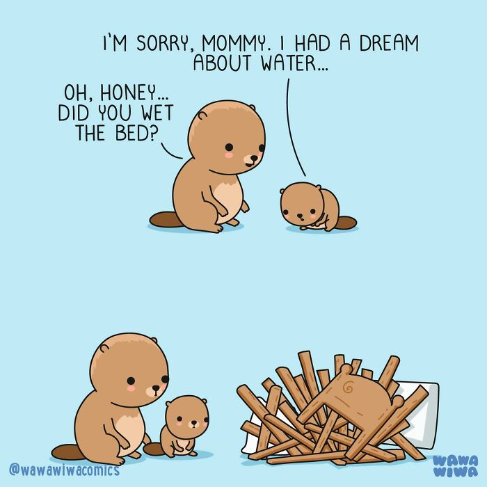 Wawawiwa comic of a baby otter character apologizing for wetting the bed after dreaming of water, revealing a wet bed.