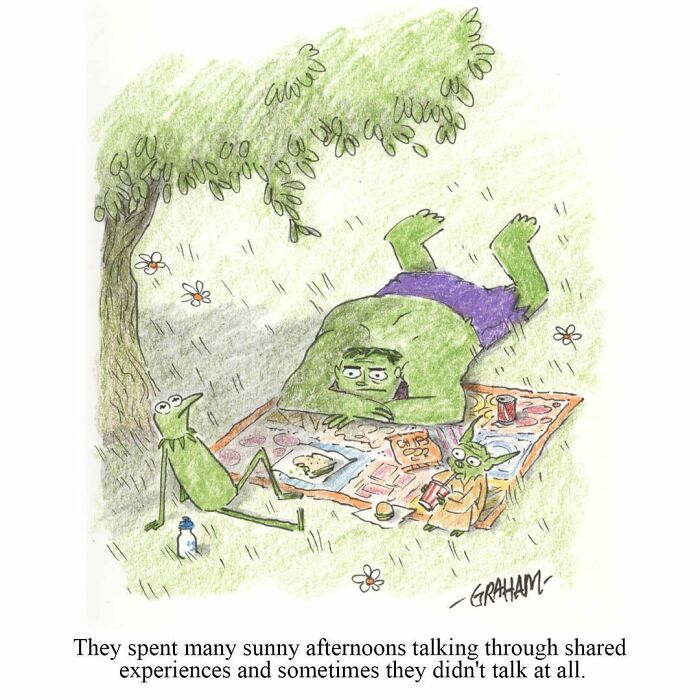 Comic of a green creature and friends having a silent picnic under a tree