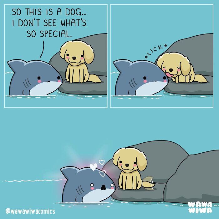 Wawawiwa comic depicting a shark character discovering the joy of a dog's lick, falling in love.