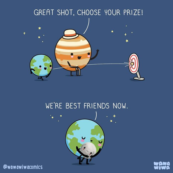 Wawawiwa comic where the Earth and Moon become best friends after Earth wins a prize from Jupiter.