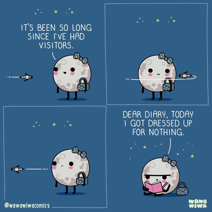A comic by Wawawiwa shows a cute moon character dressed up, then looking sad that no one visited.