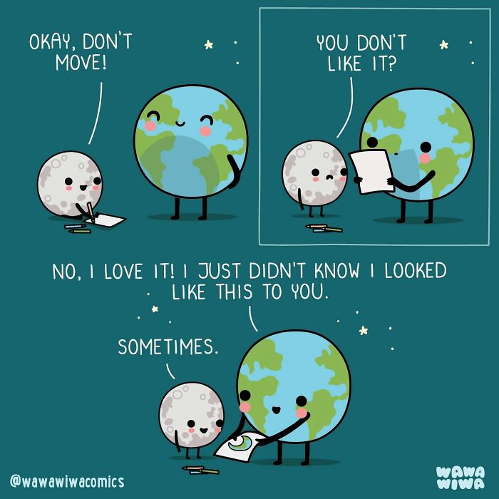 A Wawawiwa comic showing Earth drawing the Moon, turning ordinary things into adorable characters.