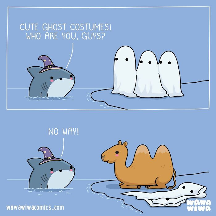 A Wawawiwa comic showing a shark seeing camels as ghosts, turning ordinary things into adorable characters.