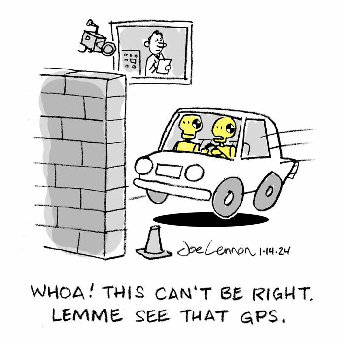 Cartoon of crash test dummies in a car approaching a wall, questioning the GPS