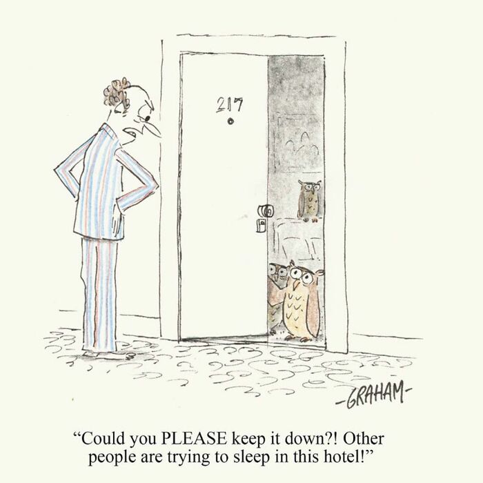 Comic with a man in pajamas asking noisy owls in room 217 to keep quiet