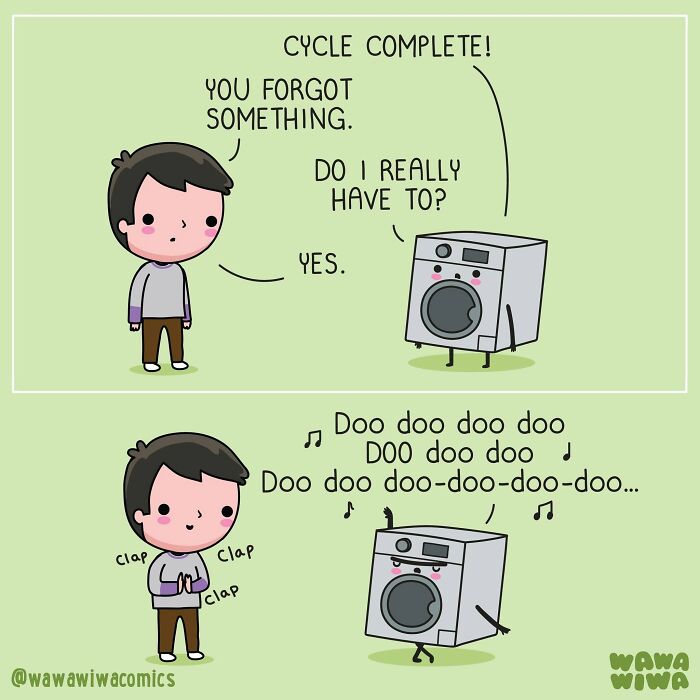 A Wawawiwa comic showing a man singing to a washing machine, turning ordinary things into adorable characters.