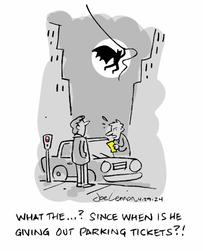 One-panel comic showing Batman swing giving parking tickets in funny life moments comic