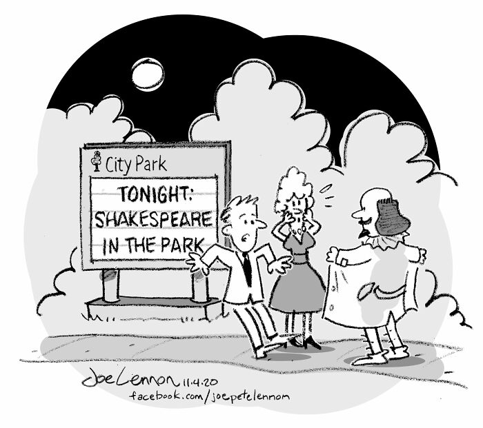 Comic featuring Shakespeare in the park sign with confused characters in one-panel comic