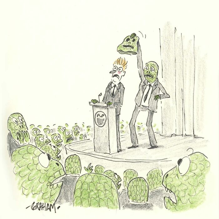 Subtle humor comic showing a man removing a mask in front of an audience of green creatures