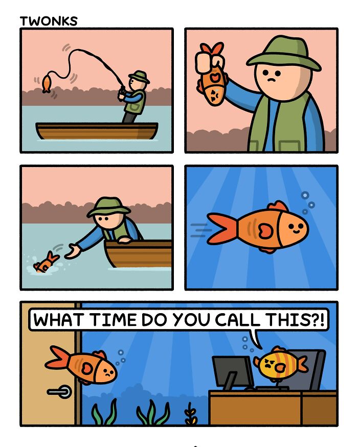 Absurd and funny comic by Steve Nelson of a fisherman catching a fish that is his boss.