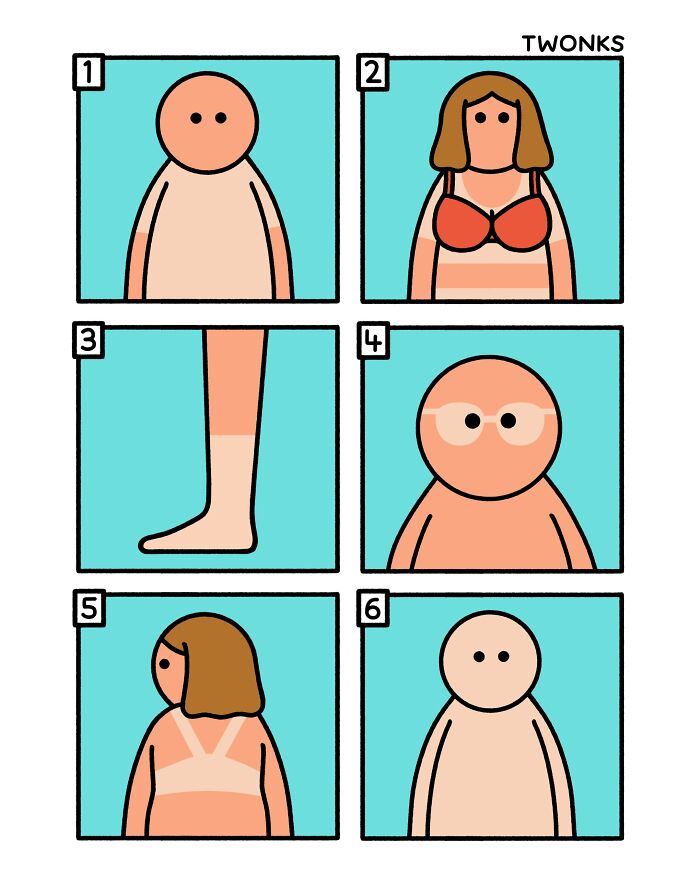 A comic showing various funny tan lines on a person, like a bra tan, sock tan, and goggle tan.