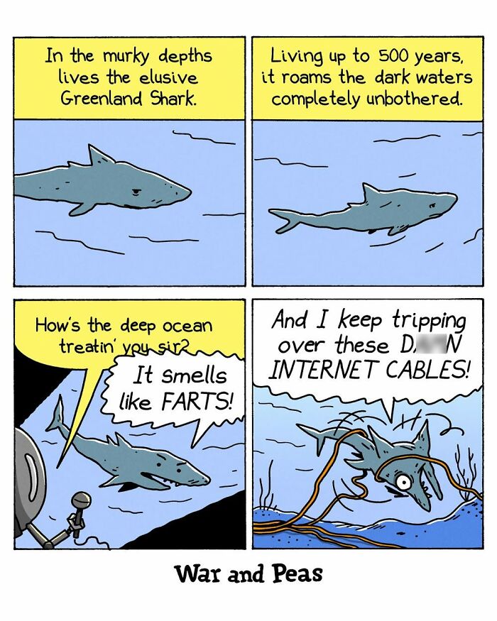 War and Peas comic featuring a Greenland Shark frustrated by internet cables
