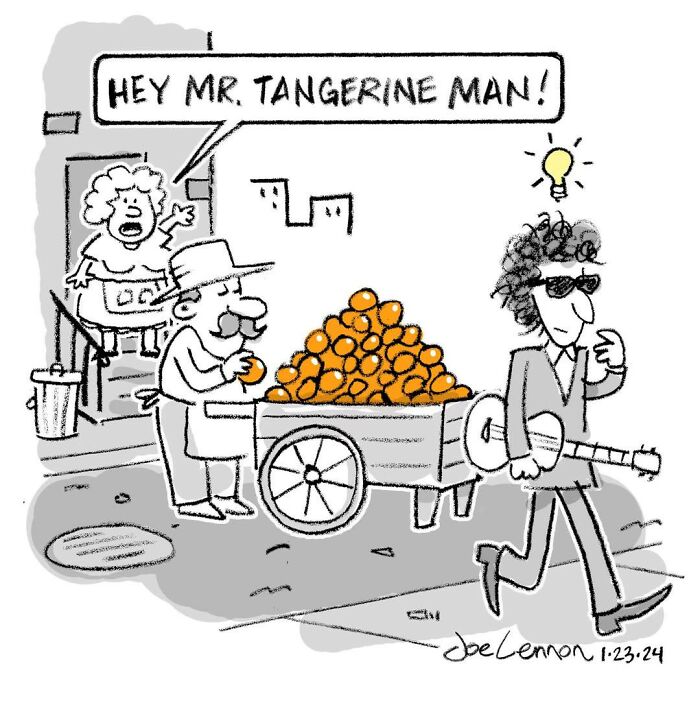 One-panel comic with a tangerine vendor and musician called Tangerine Man in a humorous scene