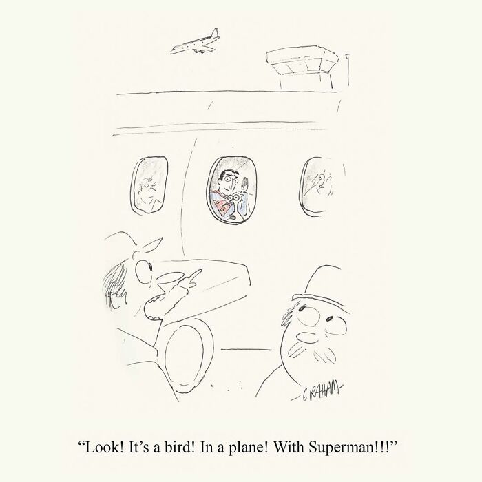 People pointing at Superman flying a plane comic