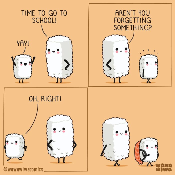 Wawawiwa comics: Adorable characters sushi going to school in a funny situation.