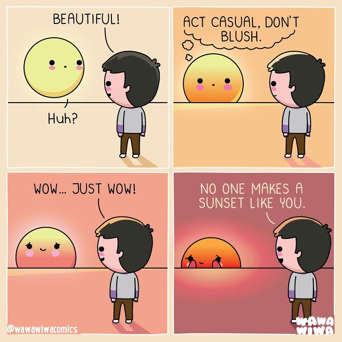 Wawawiwa comics: Adorable characters sun and human in a beautiful sunset scene.