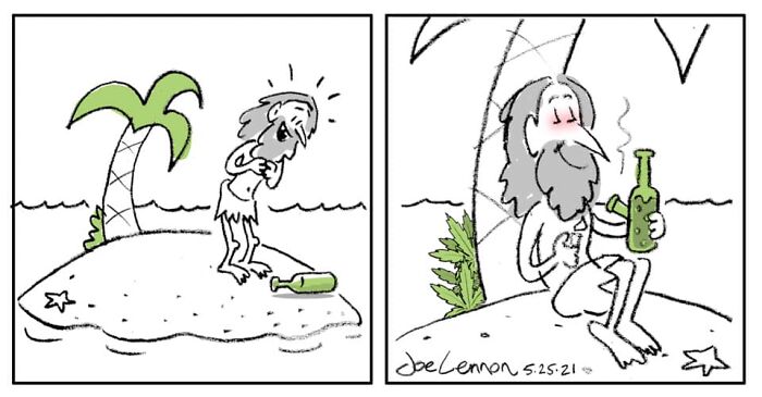 Two-panel comic about a castaway on an island reacting to a bottle with humor