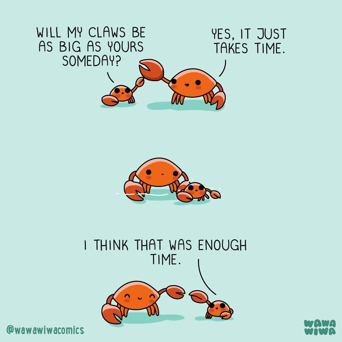 Wawawiwa comics: Adorable characters of crabs, a big one and a small one, conversing.