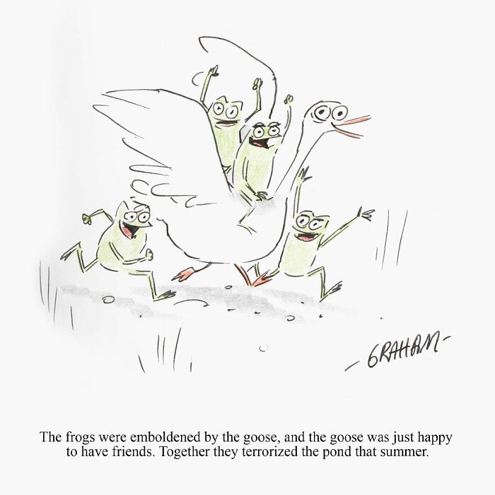 Frogs and goose teaming up in funny comic illustration