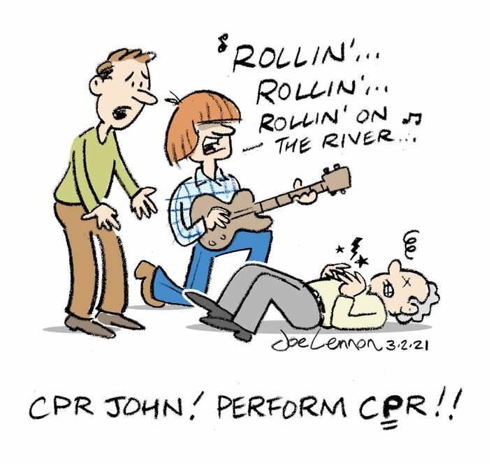One-panel comic of a guitarist playing loudly while another person lies down, urging CPR in a funny comic
