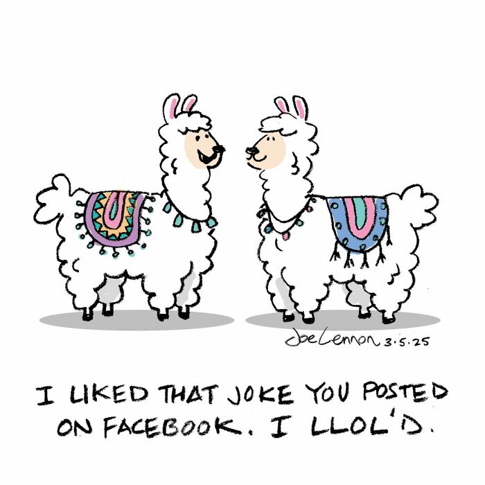 Two llamas cartoon with funny joke about Facebook and LLLOL in one-panel comic