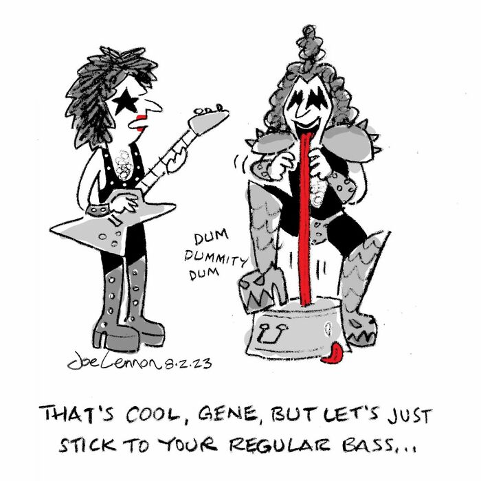 One-panel comic showing rock musician Gene trying a unique bass instrument in a funny comic