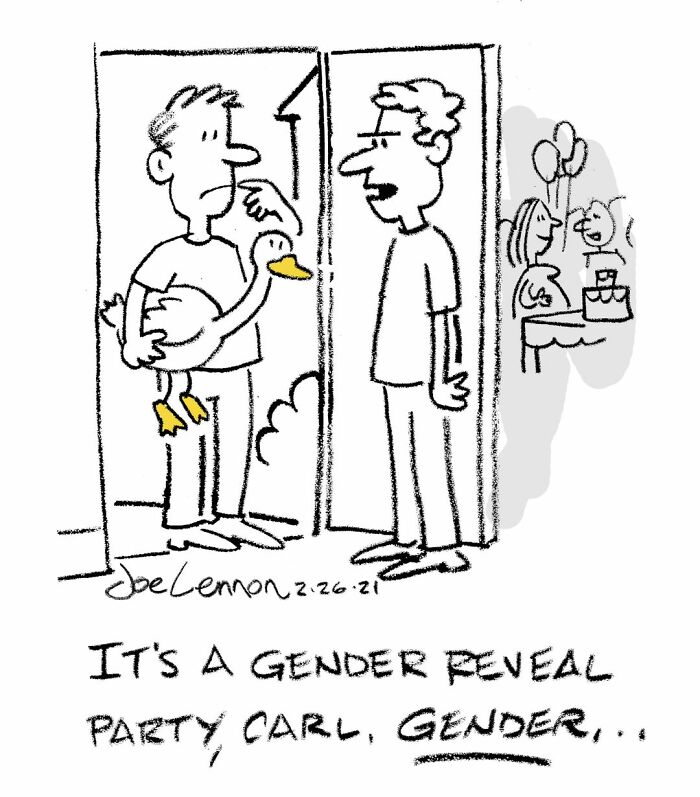 One-panel comic with man holding a goose at gender reveal party humor